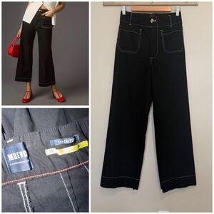 Maeve Black Wide-Leg Trousers with Contrast Stitching